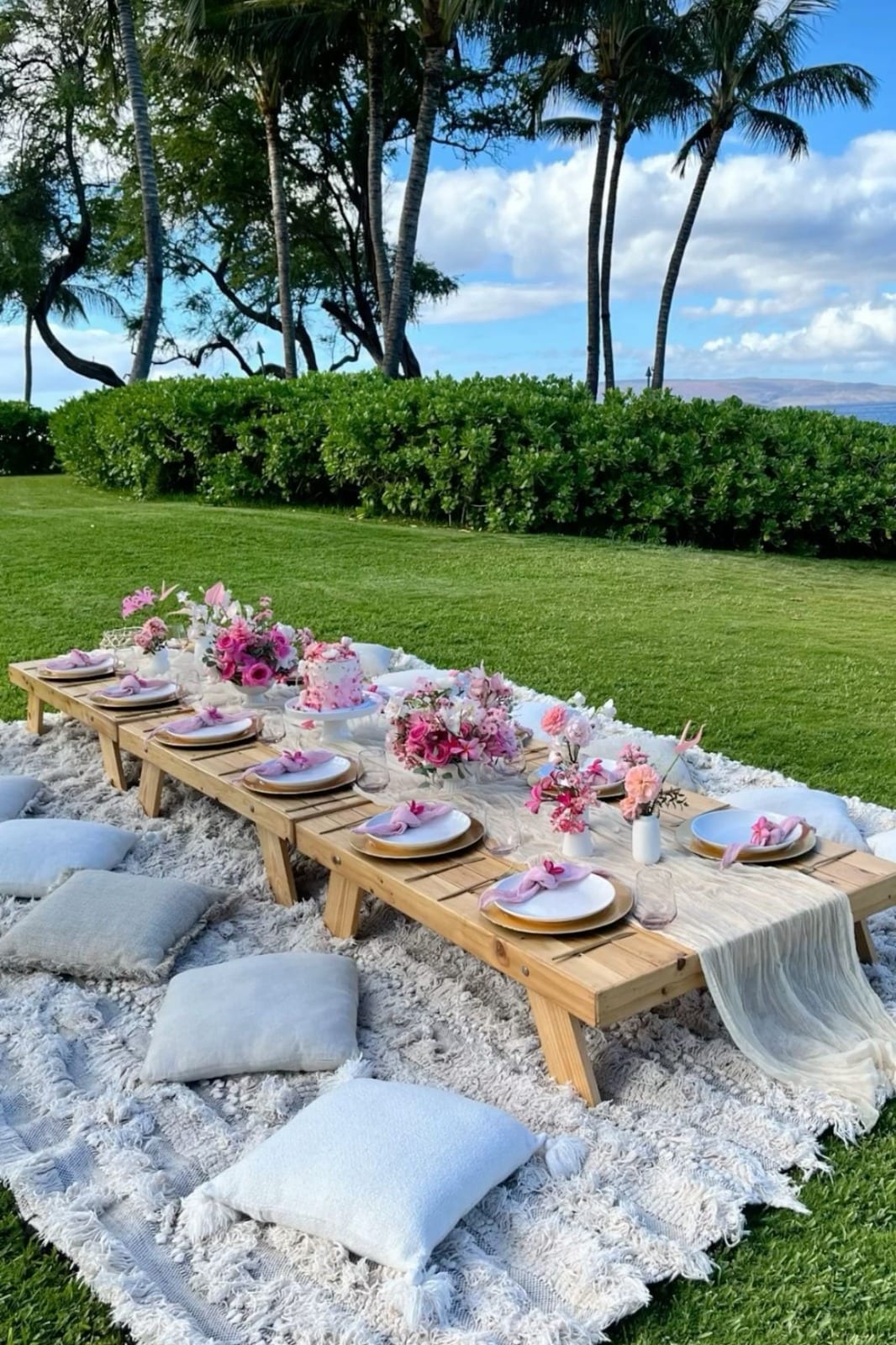 Low picnic table with cushions under palm trees