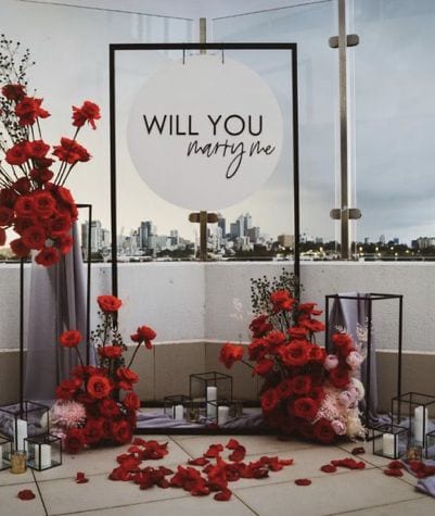 'Will you marry me' backdrop with red roses on a rooftop