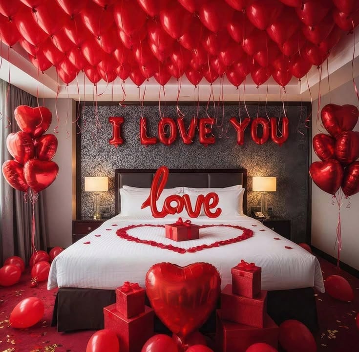 Romantic room styled with red hearts and rose petals