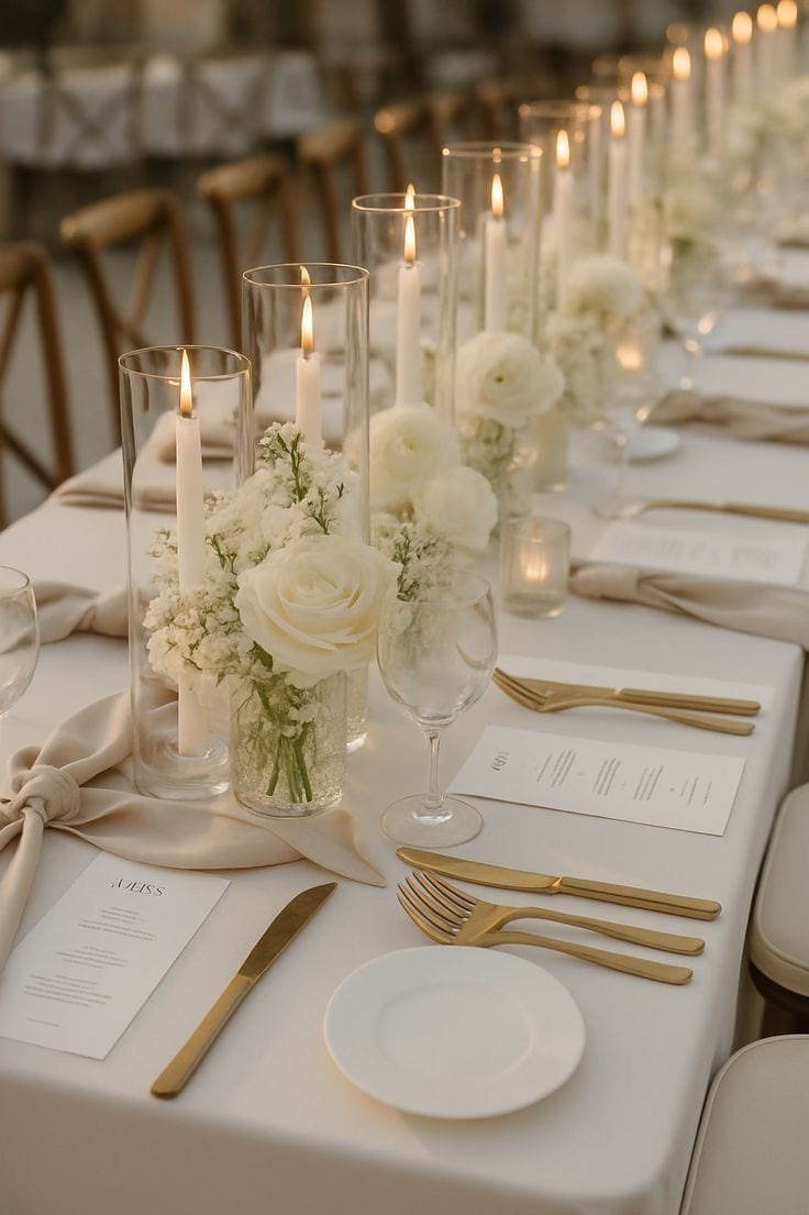 Long banquet table with white roses and gold place settings