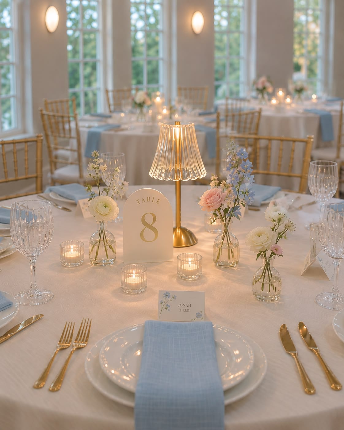 Intimate round table with candlelight and gold cutlery
