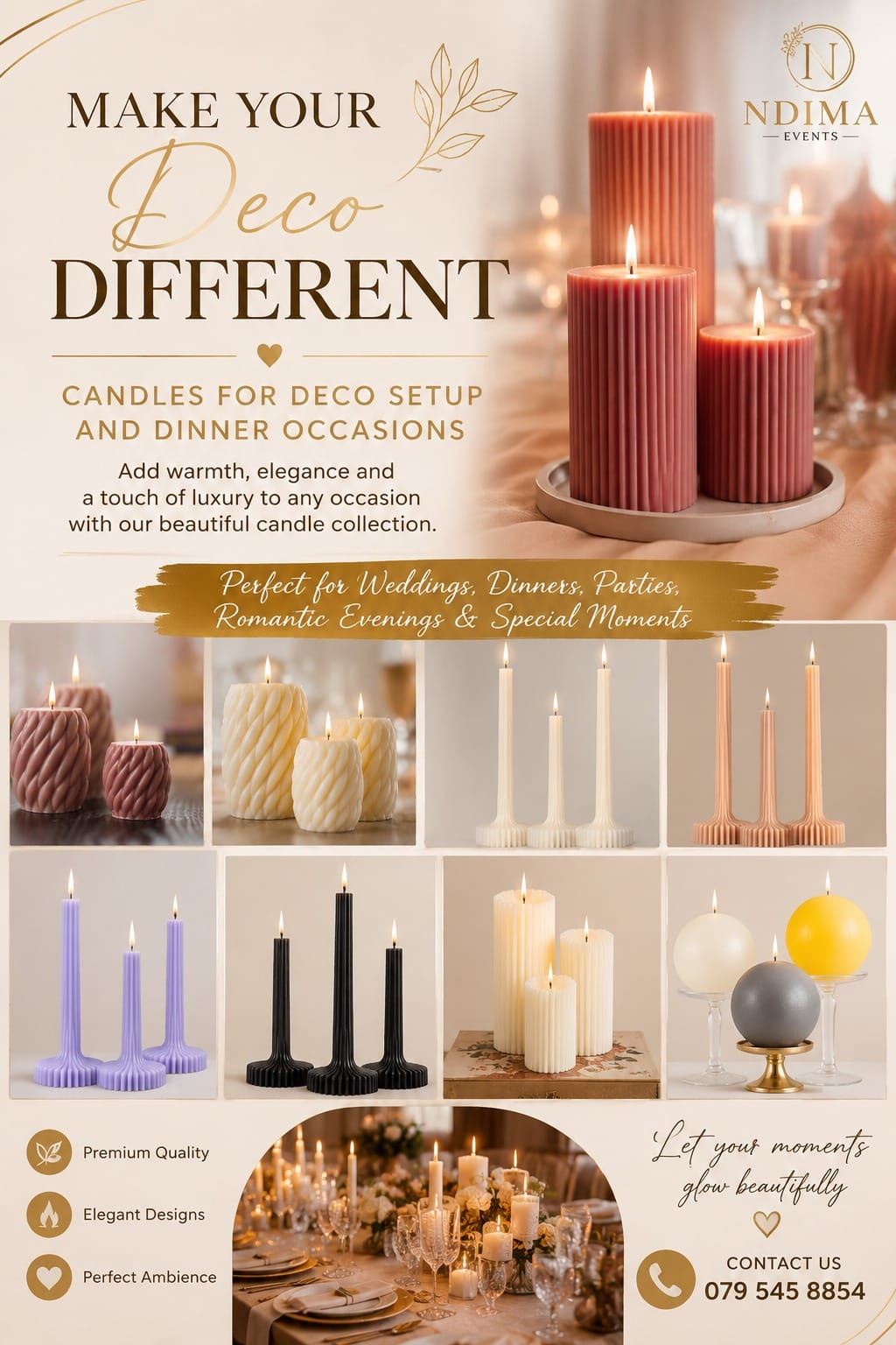 Ndima Events candle collection — twisted, ribbed, taper and sphere candles