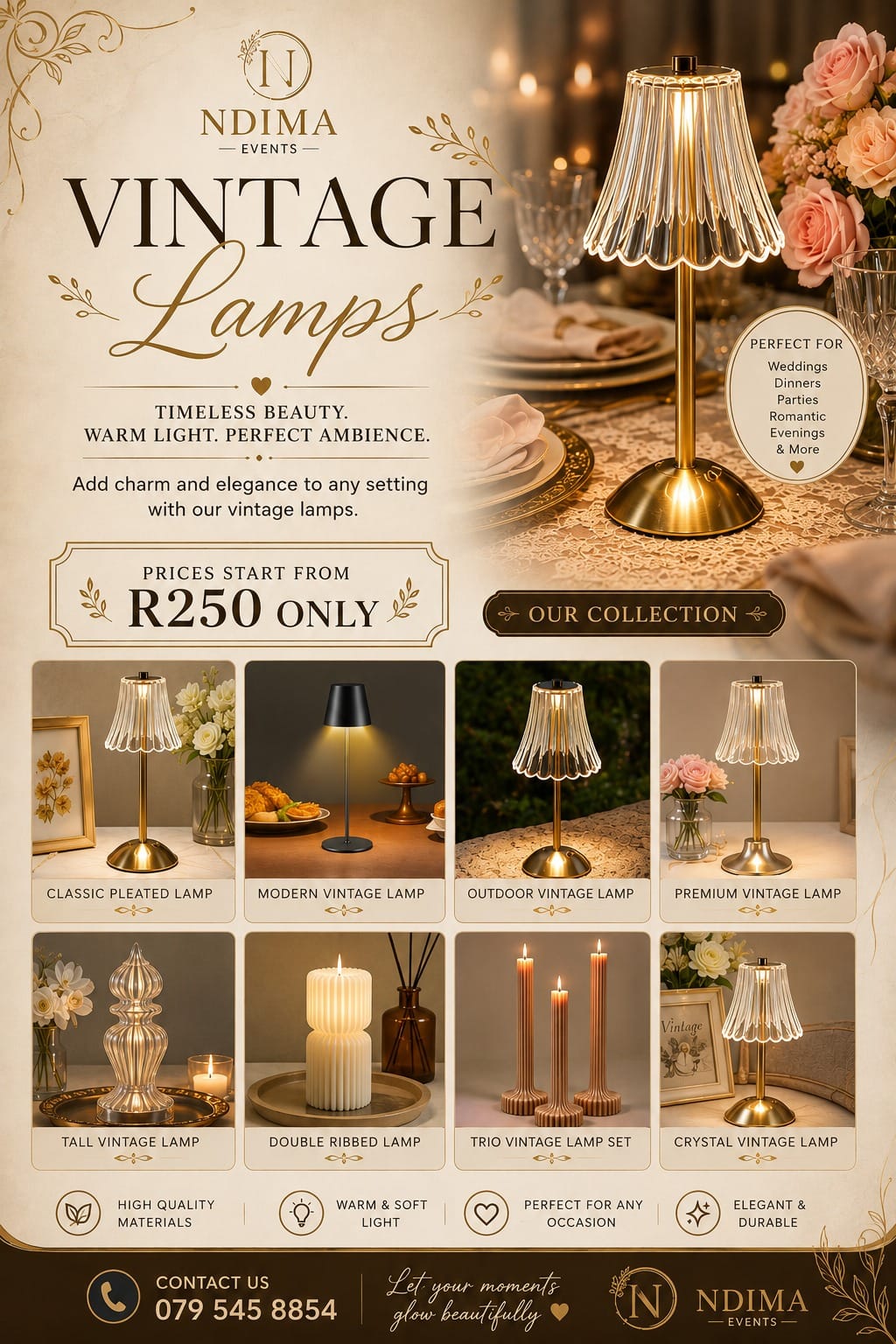 Ndima Events vintage lamp collection — eight elegant table-lamp styles